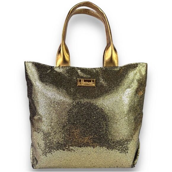 Harrods Vintage Gold Platinum Glitter Tote Shopper Bag Change Pouch Set Sparkle - Picture 3 of 13